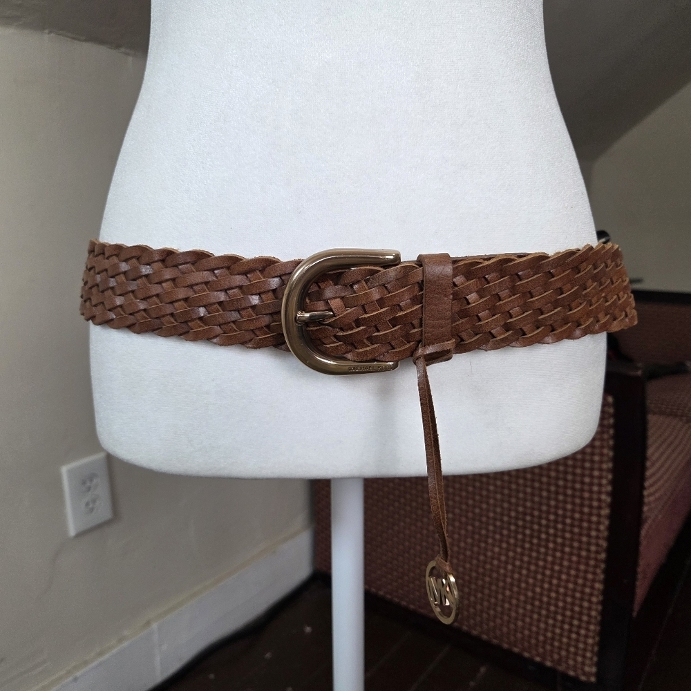Michael Kors Brown Braided Leather Belt Gold Tone Buckle Logo Charm XL 46"